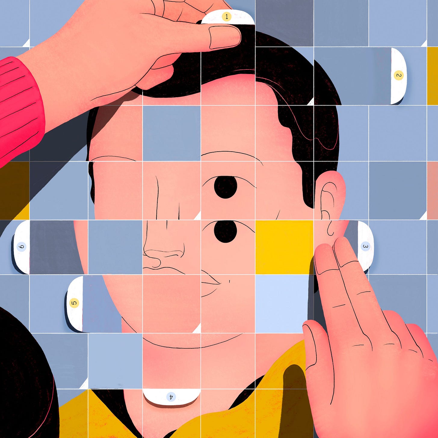 Face being arranged as a puzzle.