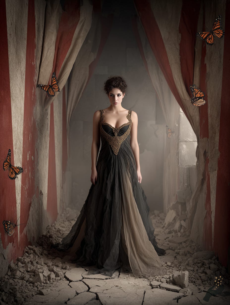 Moody surreal artwork of a woman in a long black dress standing inside a worn red-and-cream striped tent. 