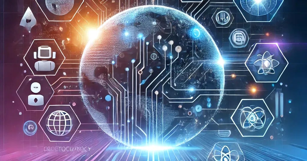 A futuristic and dynamic illustration for the topic '2024’s Leading Tech Innovations.' The image features a bold, modern title at the top in a sleek sans-serif font. The background showcases abstract digital elements like glowing circuits, futuristic technology patterns, and a gradient blend of blue and purple hues. Key technological themes are represented with icons: a robot for AI, a blockchain for cryptocurrency, a solar panel for renewable energy, and a DNA strand for biotech. The design includes subtle holographic and glowing effects to evoke innovation and progress. At the bottom, a call-to-action reads 'Explore the Technologies Shaping Tomorrow.'