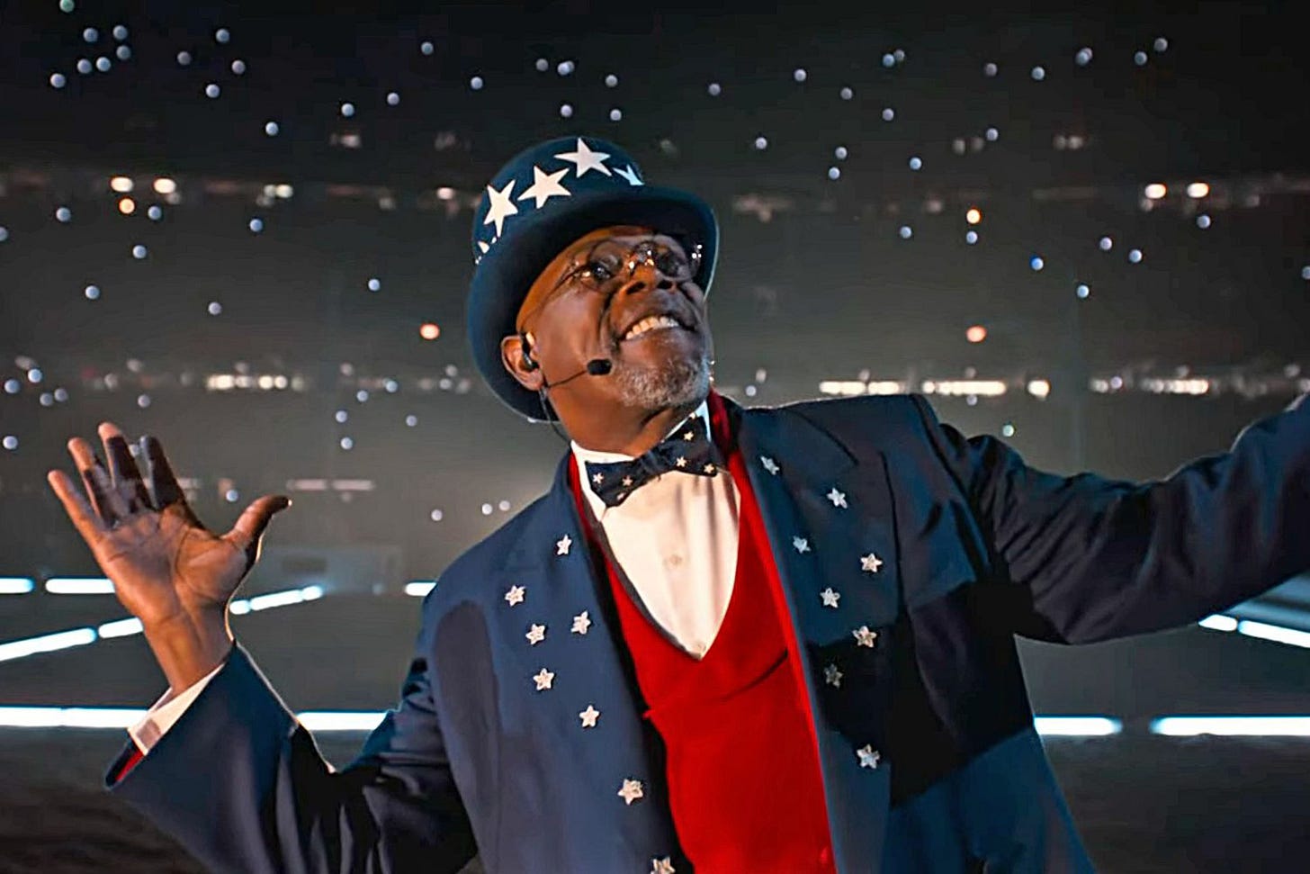 Legend Samuel L. Jackson dressed as Uncle Sam to Emcee Kendrick's halftime performance.