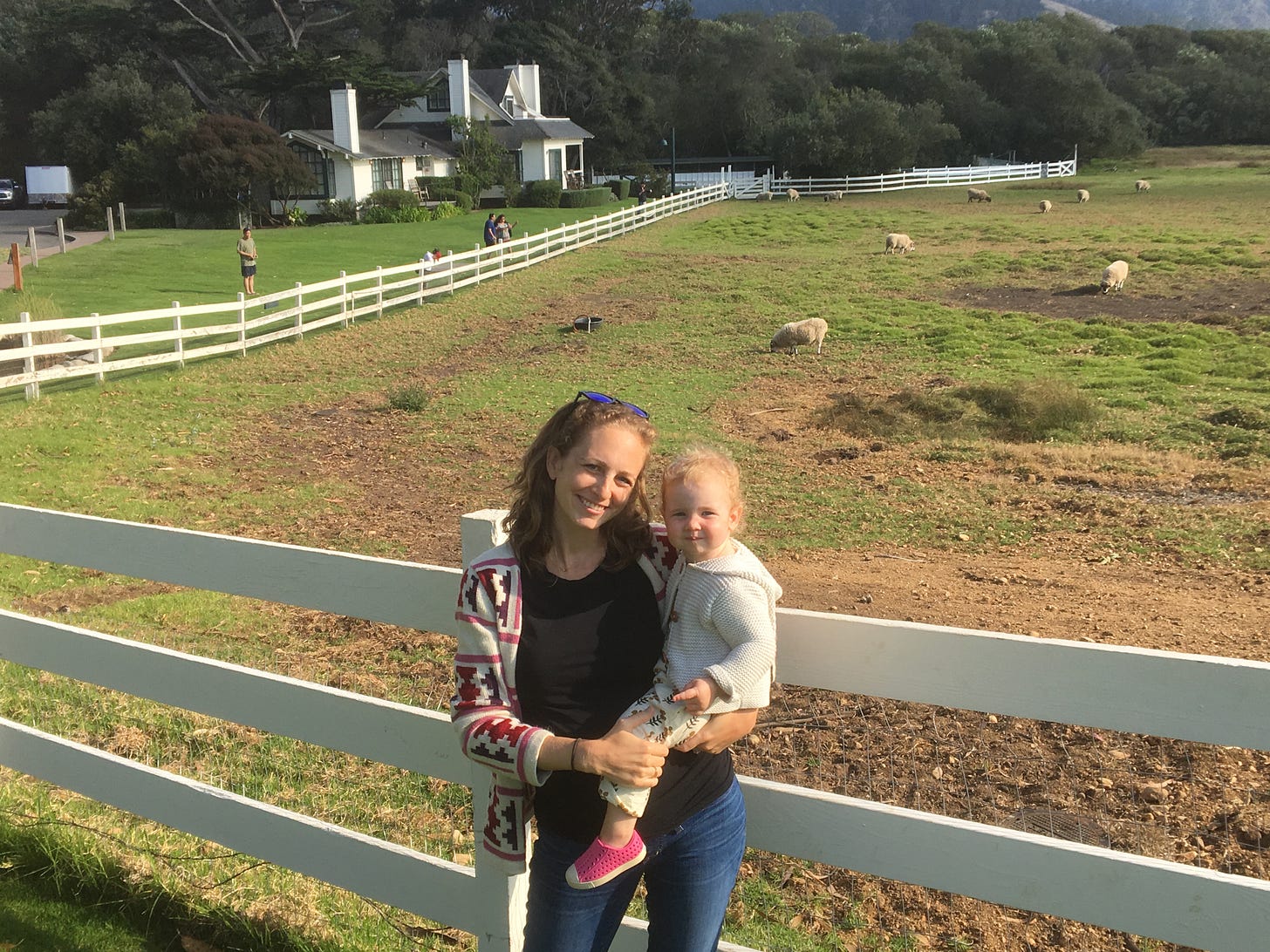 Amy Gallo Ryan smiling while standing and holding child in front of farmland