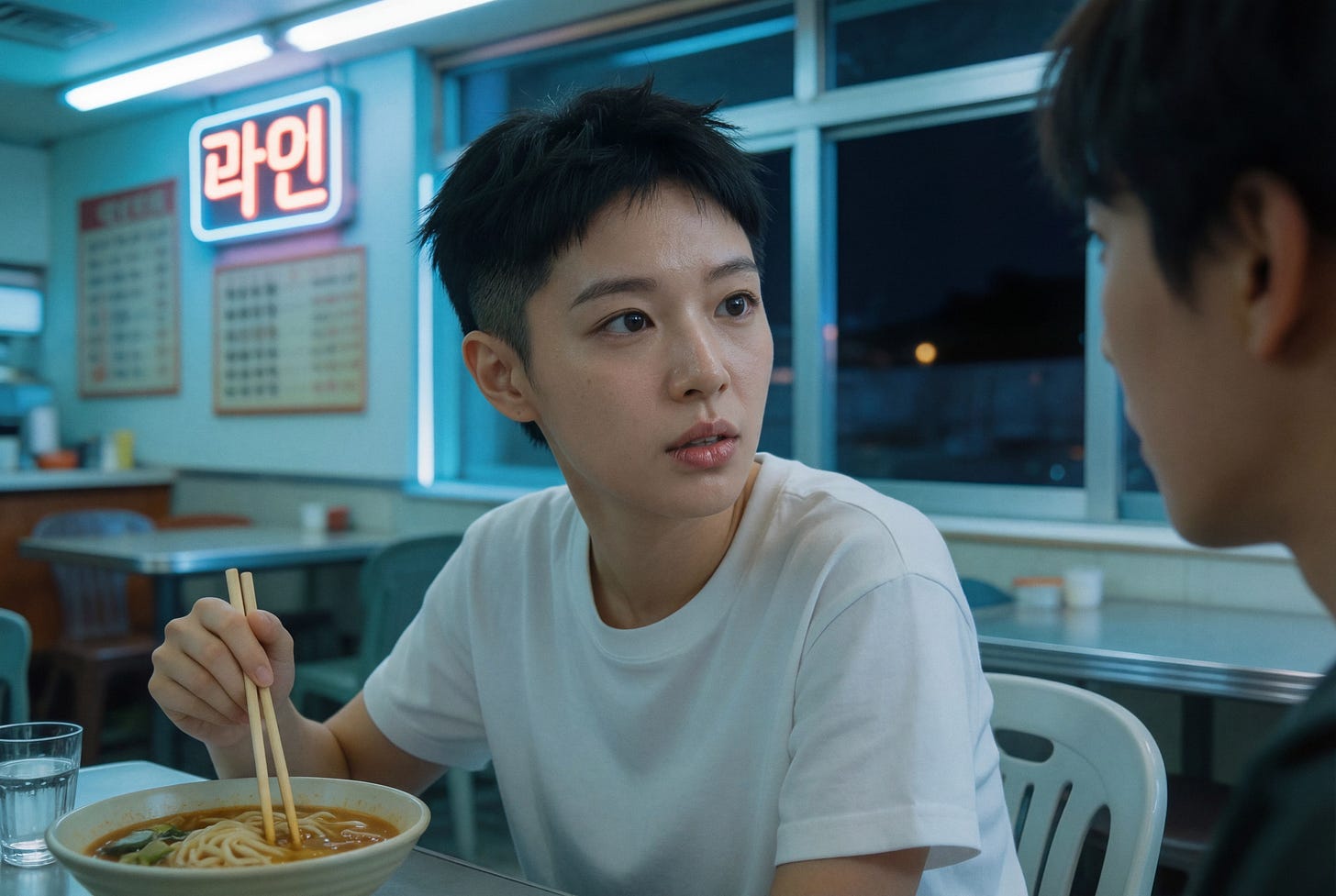 Candid photo of a young Korean woman, pale and delicate features with very dark eyes, pixie-cut black hair. Wearing a white cotton t-shirt. Sitting at a table in a Seoul noodle shop, leaning back in a relaxed pose, deep in conversation with a friend.