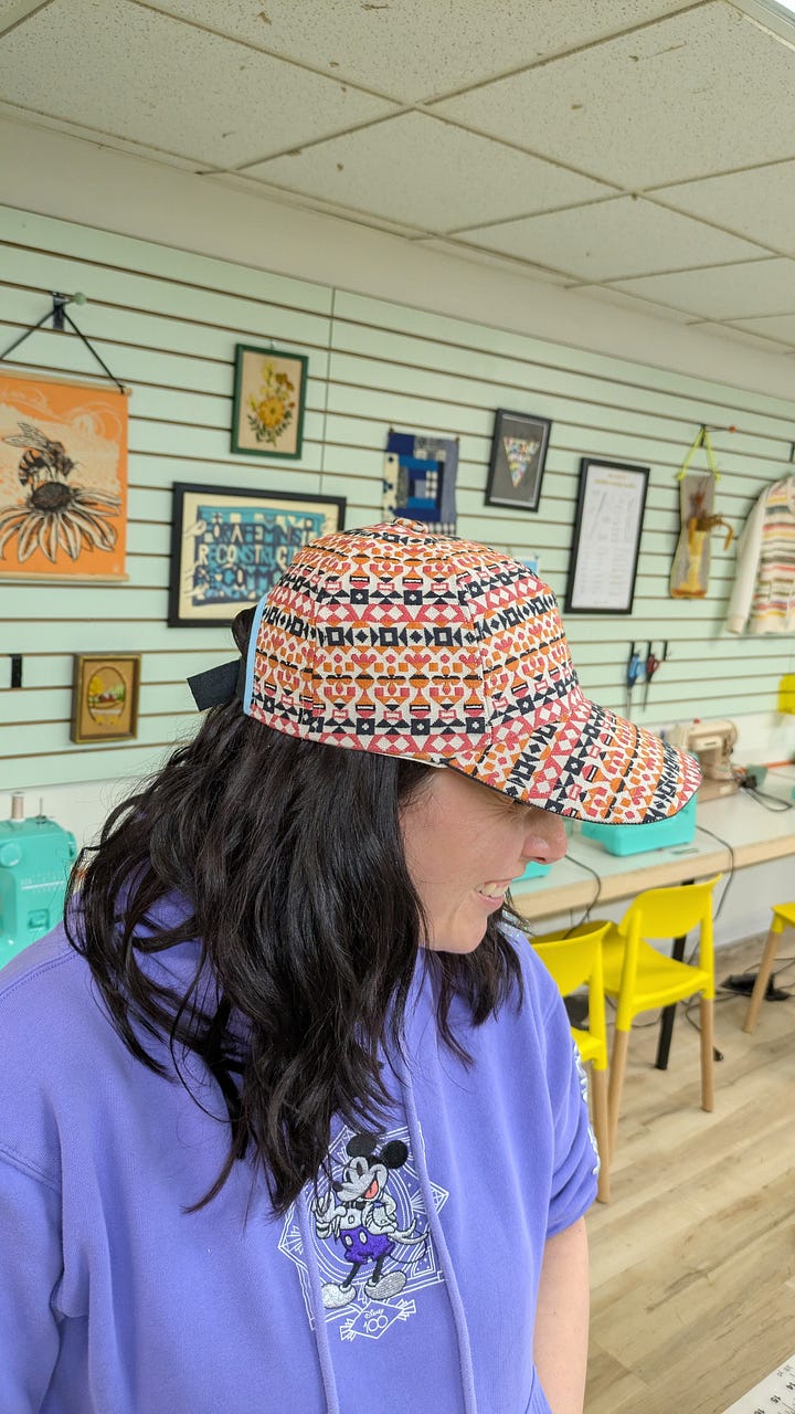 L: girl scout group makes pillows R: Rachel sews a baseball cap