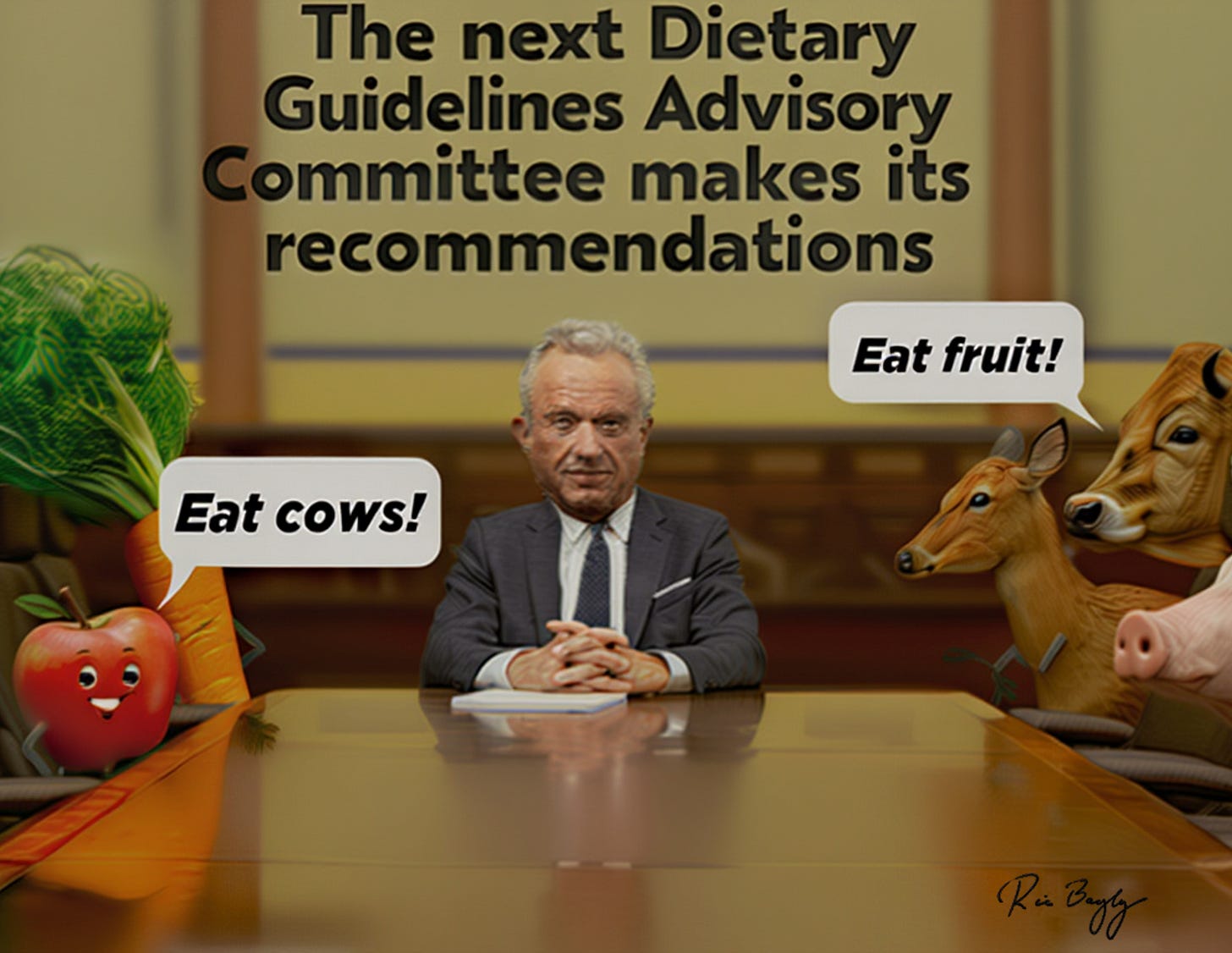The picture is titled: The next Dietary Guidelines Advisory Committee. RFK, Jr. sits at the head of the table. On one side sit a carrot, apple, and broccoli. On the other side sit a deer, cow, and pig. The apple says "Eat cows!" The cow says "Eat fruit!"