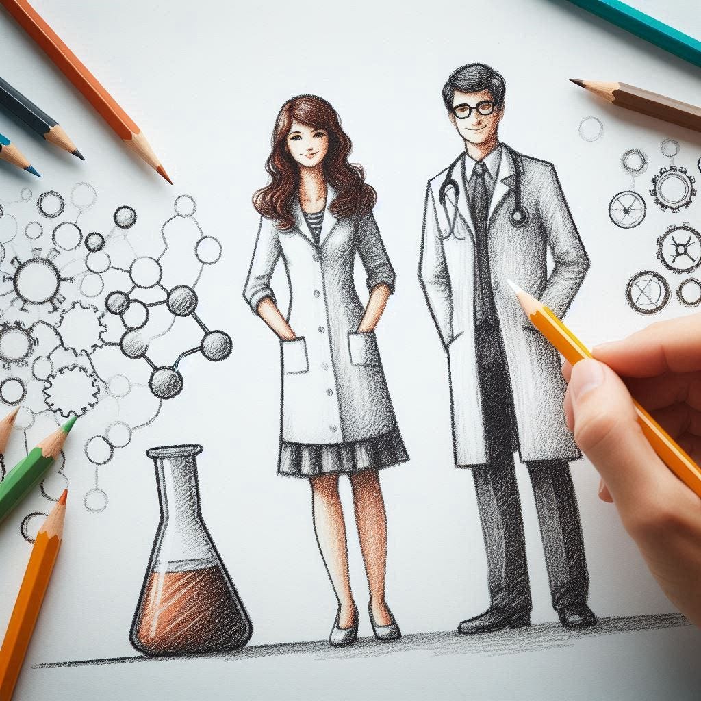 A drawing of a male and female scientists A drawing of a male and female scientists