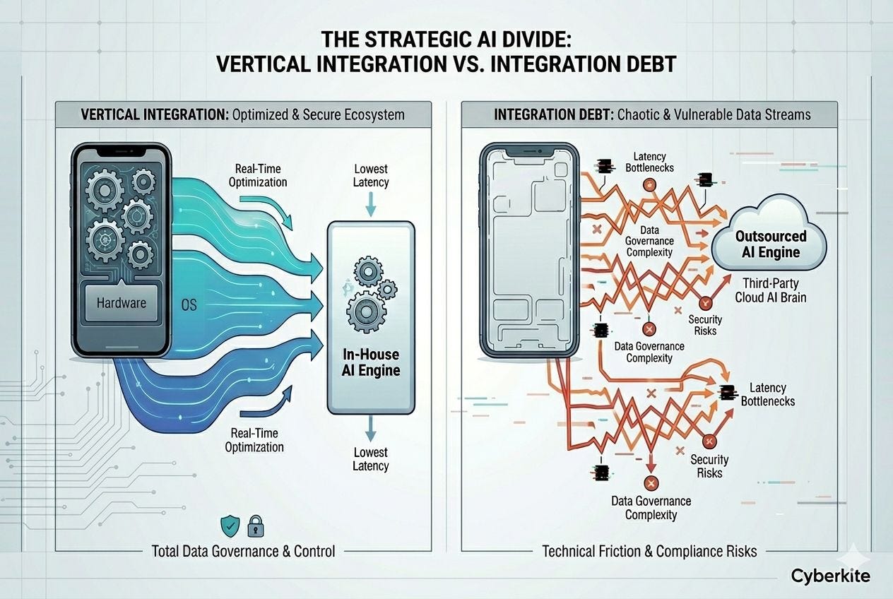 Conceptual architectural diagram comparing a fully vertically integrated smart device against a device suffering from integration debt by outsourcing its core AI engine to a third-party cloud provider, highlighting data privacy vulnerabilities.