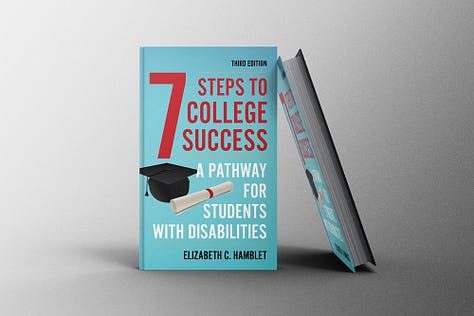 Promotional mages of the three resources mentioned - the webinar on academic accommodations at college, the book (Seven Steps to College Success: A Pathway for Students with Disabilities, and college transition summit