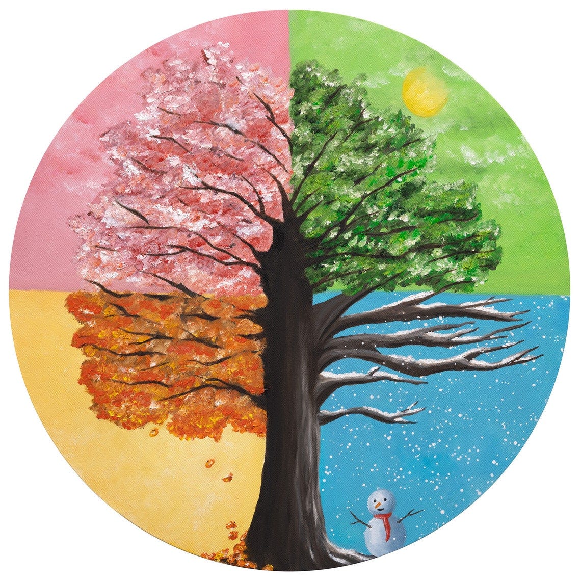 The Four Seasons Round painting, four seasons art, fashion wall art canvas, round wall art, housewarming gift first home, joy wall art image 1