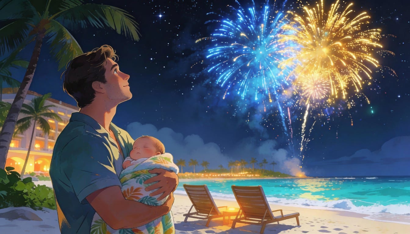 New dad and baby under NYE Cayman fireworks, no branding New dad and baby under NYE Cayman fireworks, no branding