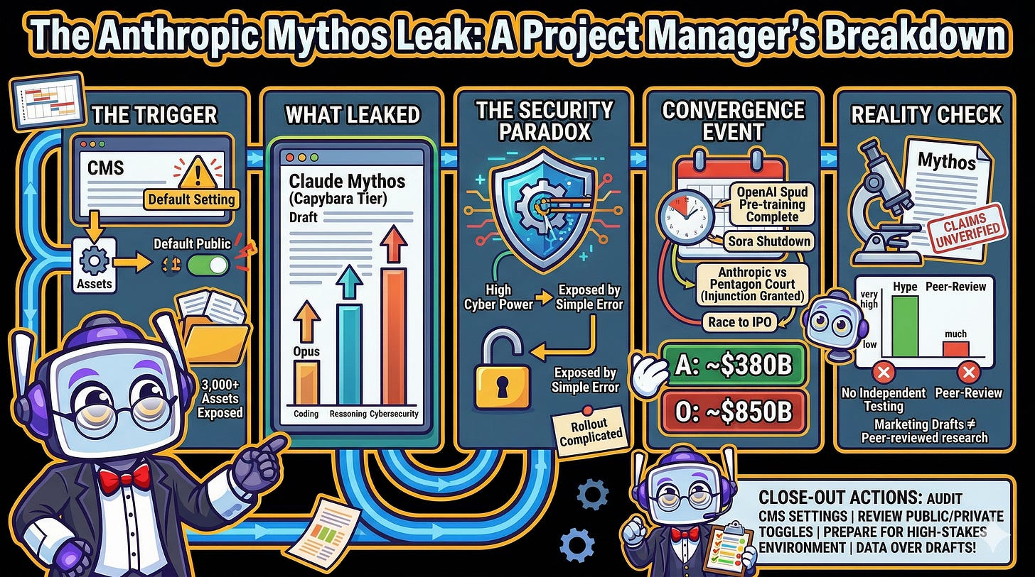 An infographic titled 'The Anthropic Mythos Leak: A Project Manager's Breakdown,' presented in a clean, colourful vector illustration style with a central cartoon robot guide in a tuxedo. The infographic is divided into five sequential panels:  THE TRIGGER (showing a CMS default public setting leading to exposed assets).  WHAT LEAKED (details on the Claude Mythos / Capybara tier draft with higher benchmark bars for coding, reasoning, and cybersecurity).  THE SECURITY PARADOX (illustrating high cyber power vs a simple error).  CONVERGENCE EVENT (mapping competing company timelines, court cases, IPO preparations, and high valuations).  REALITY CHECK (noting that the leaked claims are unverified marketing drafts). A final panel lists close-out actions for project managers, while a smaller version of the robot holds a checklist.