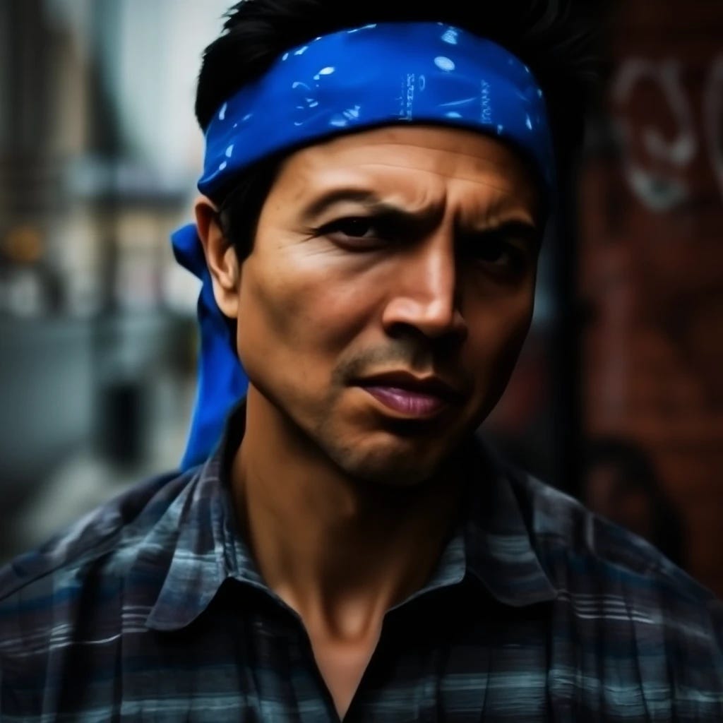 Actor Benjamin Bratt wearing blue bandana dressed up as cholo wearing flannel