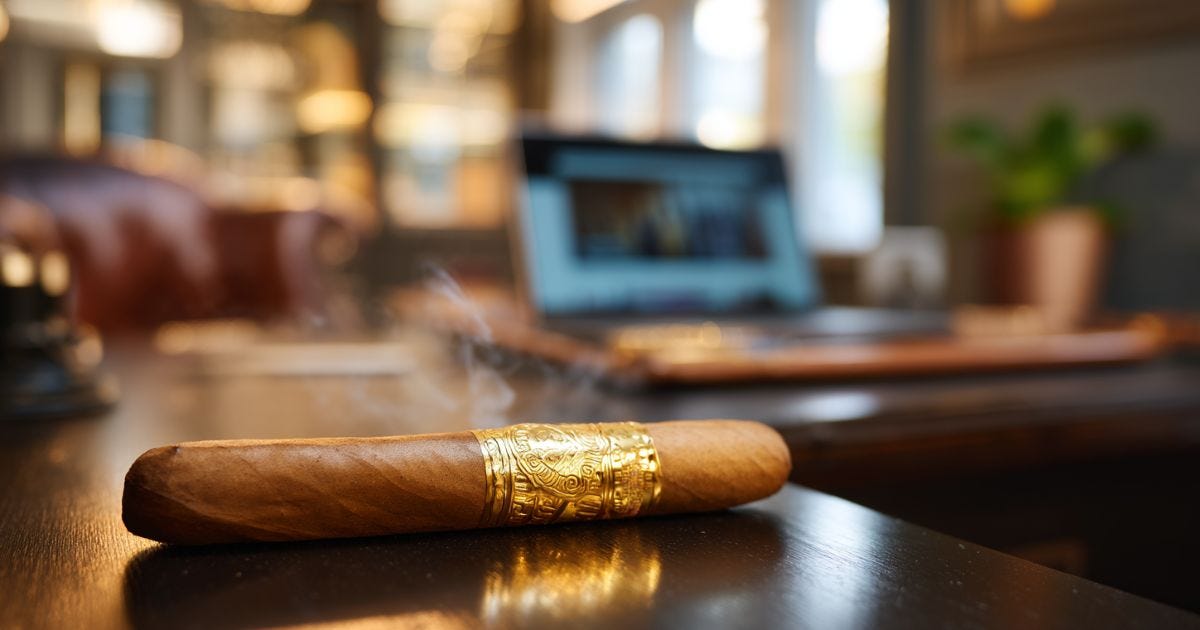 Golden Connecticut Shade cigar with champagne and luxury lighter in morning light. Golden Connecticut Shade cigar with champagne and luxury lighter in morning light.
