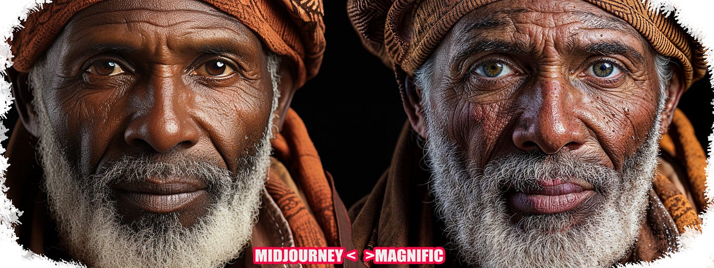Side-by-side comparison of two AI-generated elderly male portraits, labeled “Midjourney < Magnific,” showing Magnific with sharper facial detail and texture.