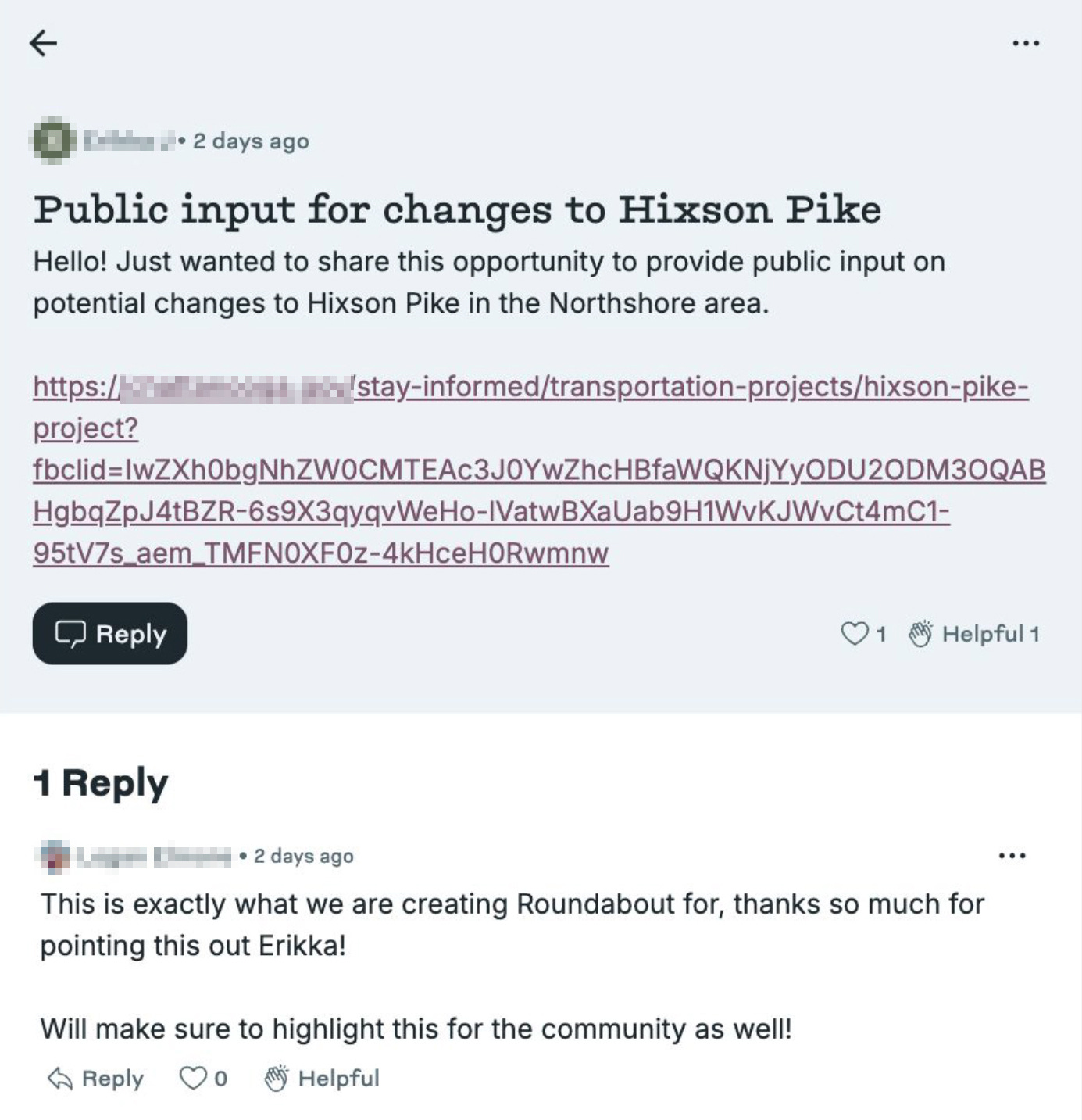 Post titled "Public input for changes to Hixson Pike" from 2 days ago, sharing opportunity for public input on Northshore area changes with long URL link. Post has 1 like and marked "Helpful 1." One reply visible thanking user for pointing it out and mentioning highlighting for community.