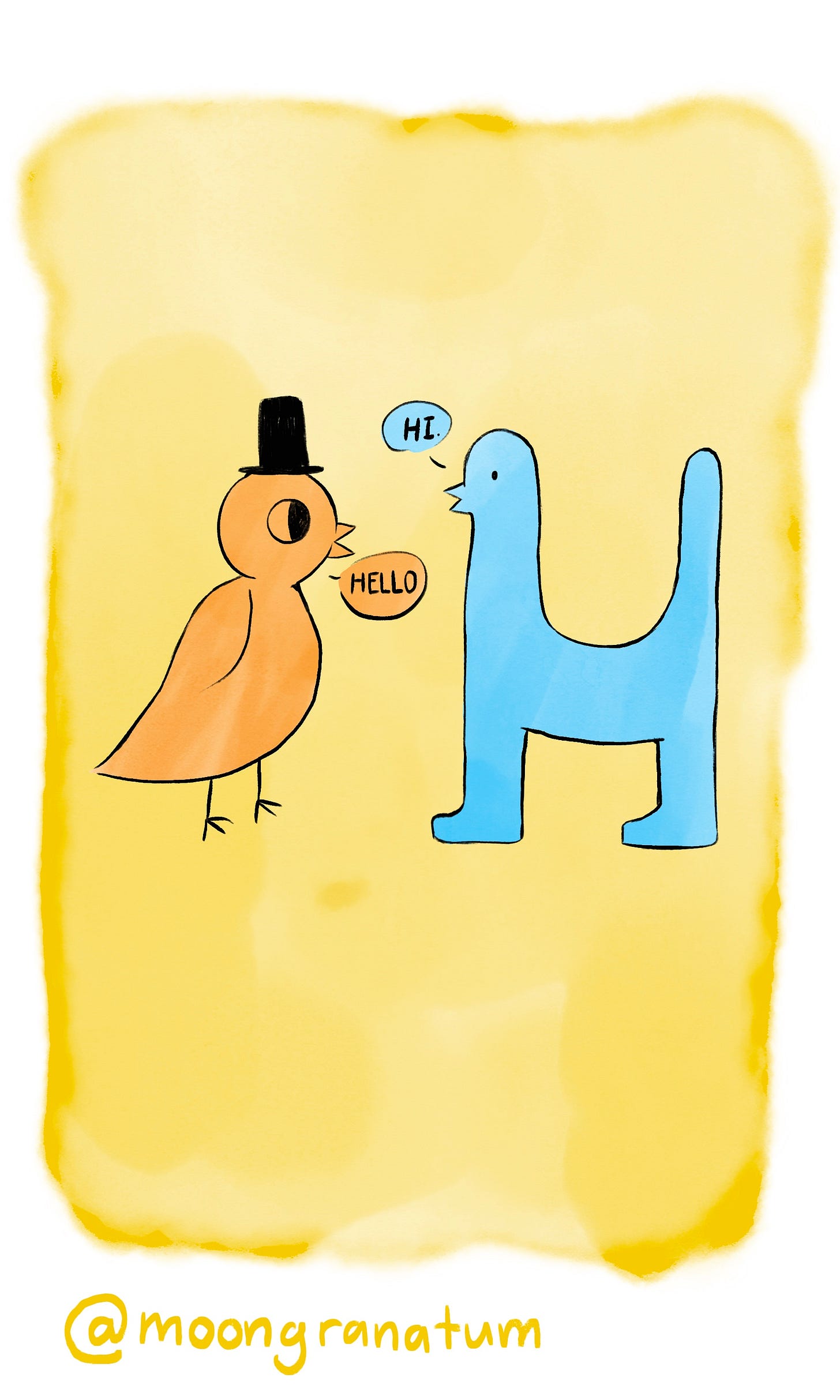 Moongranatum, a digital watercolor comic about birds. Panel 1 text reads: Hi! Hello! Moongranatum, a digital watercolor comic about birds. Panel 1 text reads: Hi! Hello!