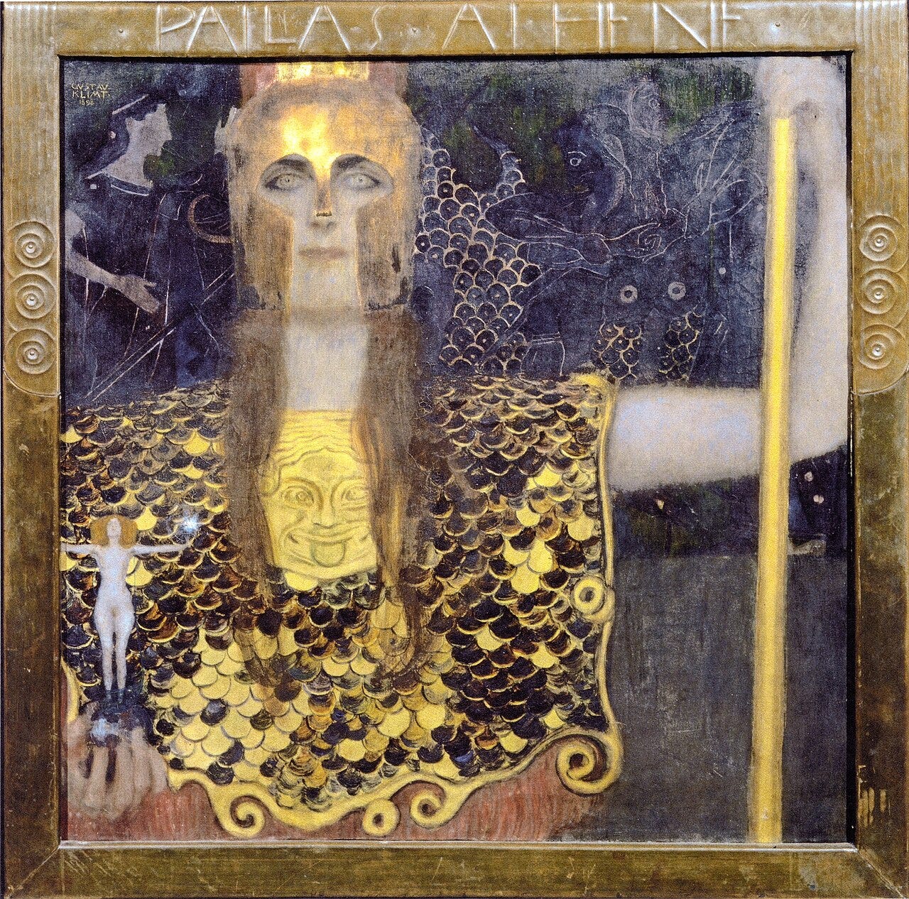 The goddess in golden armour with the owl of Athena on her shield The goddess in golden armour with the owl of Athena on her shield