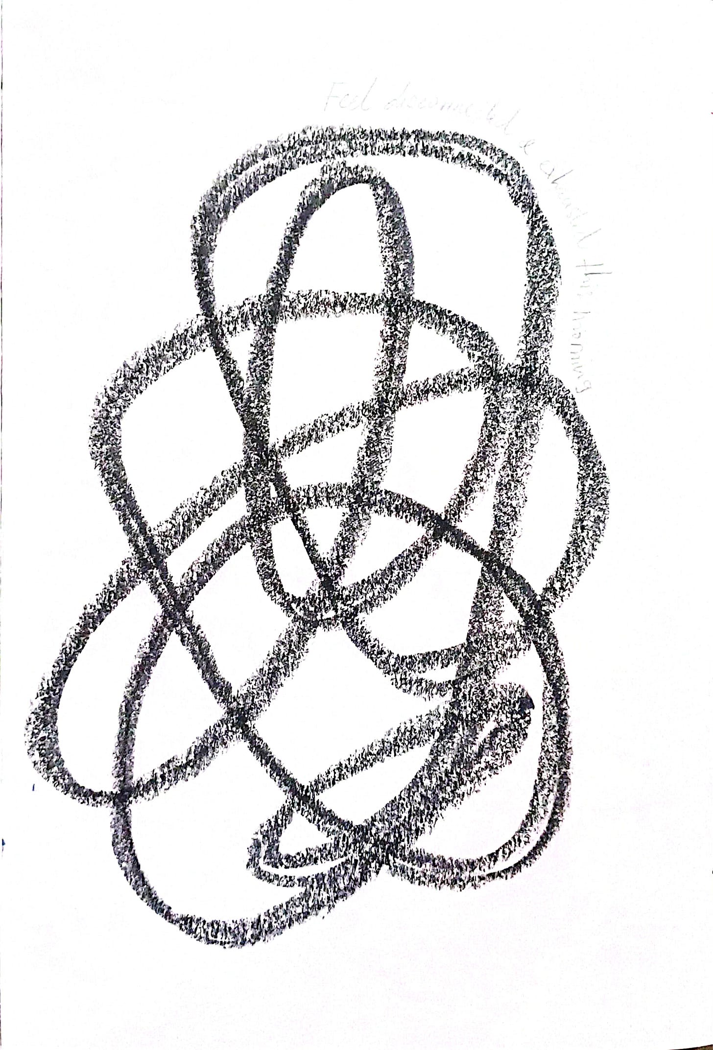 A simple black oil pastel drawing on a white background consisting of several large, overlapping, and loopy circular scribbles that form a tangled, central cluster