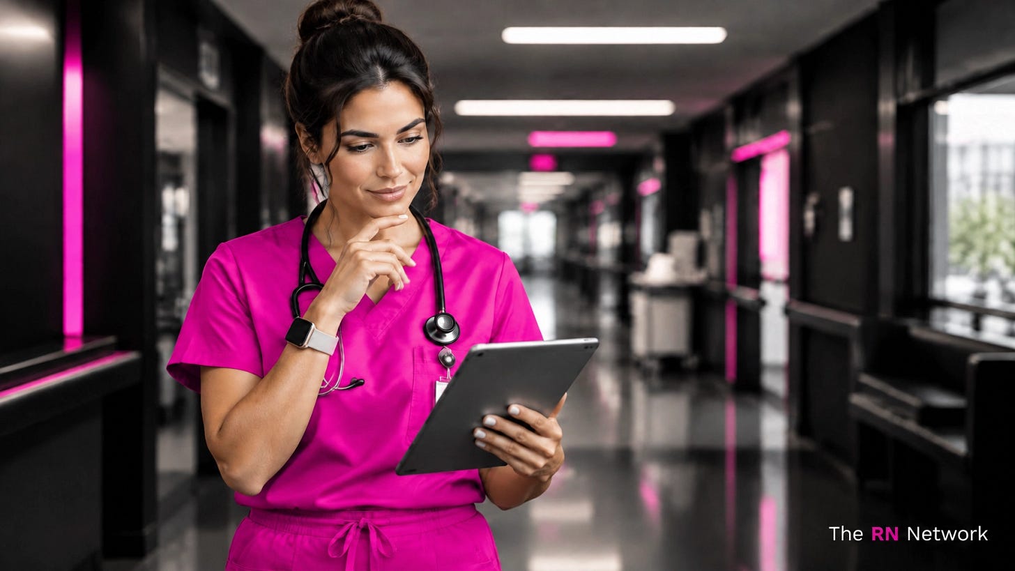 Nurse in pink scrubs considering career options on a tablet Nurse in pink scrubs considering career options on a tablet