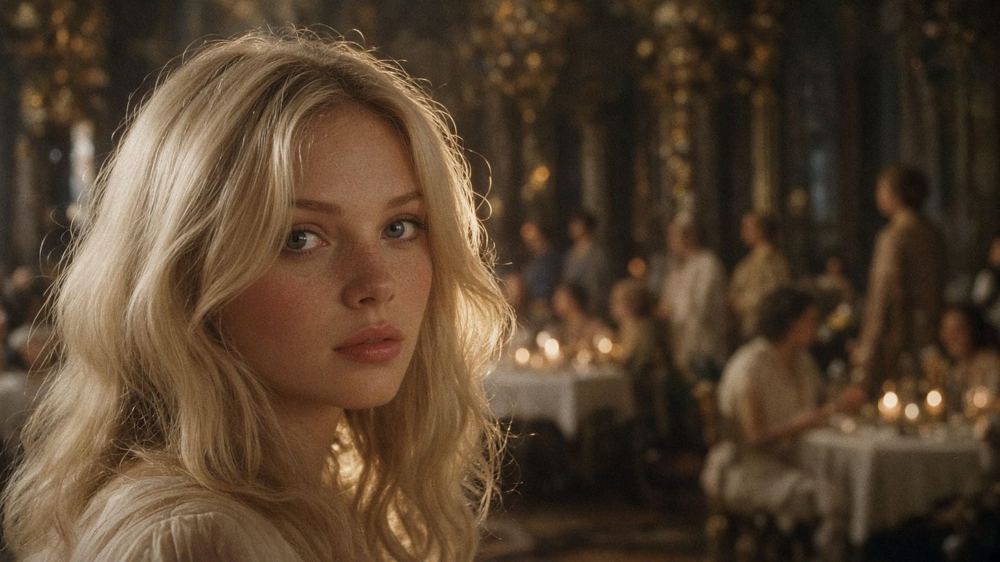 Cinematic close-up of a blonde woman glancing back across a candlelit ballroom Cinematic close-up of a blonde woman glancing back across a candlelit ballroom