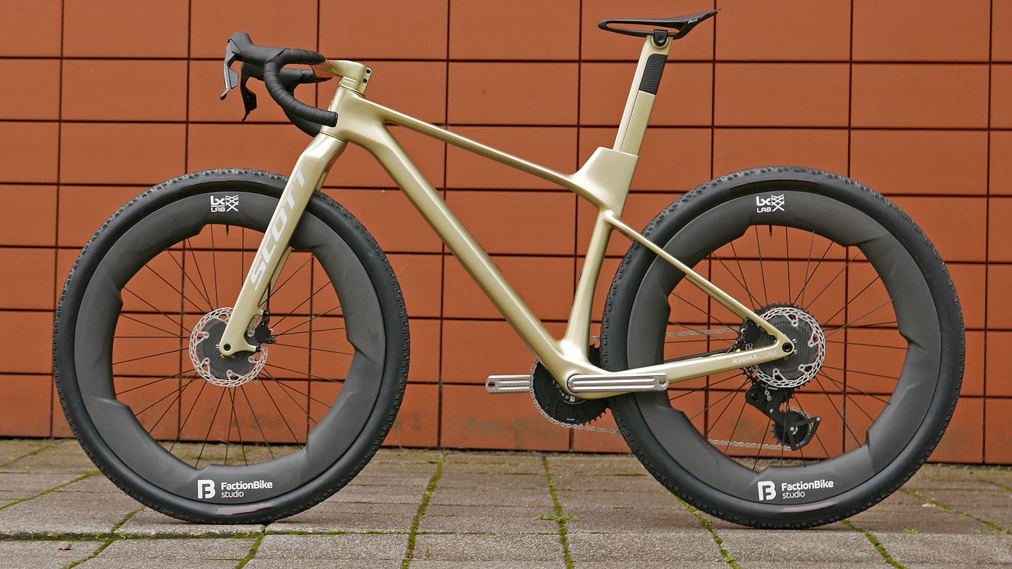 Dangerholm Scott Scale+Foil fat tire aero gravel race project bike with Faction ultra-wide concept wheels, non-driveside
