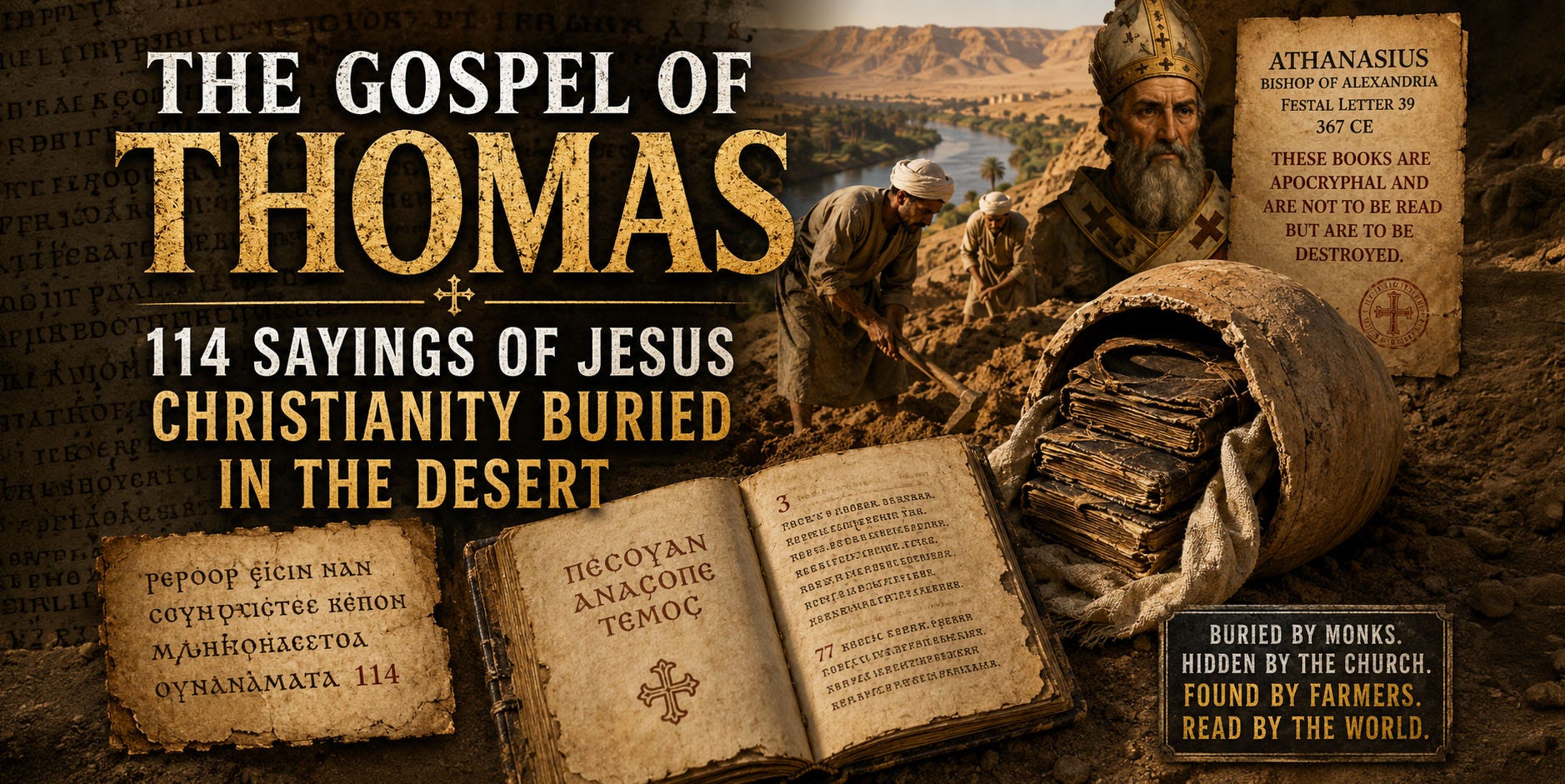 **Alt text:** Dramatic 16:9 featured image depicting the discovery of the Gospel of Thomas at Nag Hammadi. Egyptian farmers dig beside the Nile cliffs as a large clay jar spills ancient leather-bound codices into the desert. An open Coptic manuscript fills the foreground, while a stern fourth-century bishop representing Athanasius looms in the background beside a decree condemning apocryphal books. Warm desert tones, weathered parchment textures, and bold typography emphasize themes of buried knowledge, lost gospels, and suppressed Christian texts. **Alt text:** Dramatic 16:9 featured image depicting the discovery of the Gospel of Thomas at Nag Hammadi. Egyptian farmers dig beside the Nile cliffs as a large clay jar spills ancient leather-bound codices into the desert. An open Coptic manuscript fills the foreground, while a stern fourth-century bishop representing Athanasius looms in the background beside a decree condemning apocryphal books. Warm desert tones, weathered parchment textures, and bold typography emphasize themes of buried knowledge, lost gospels, and suppressed Christian texts.