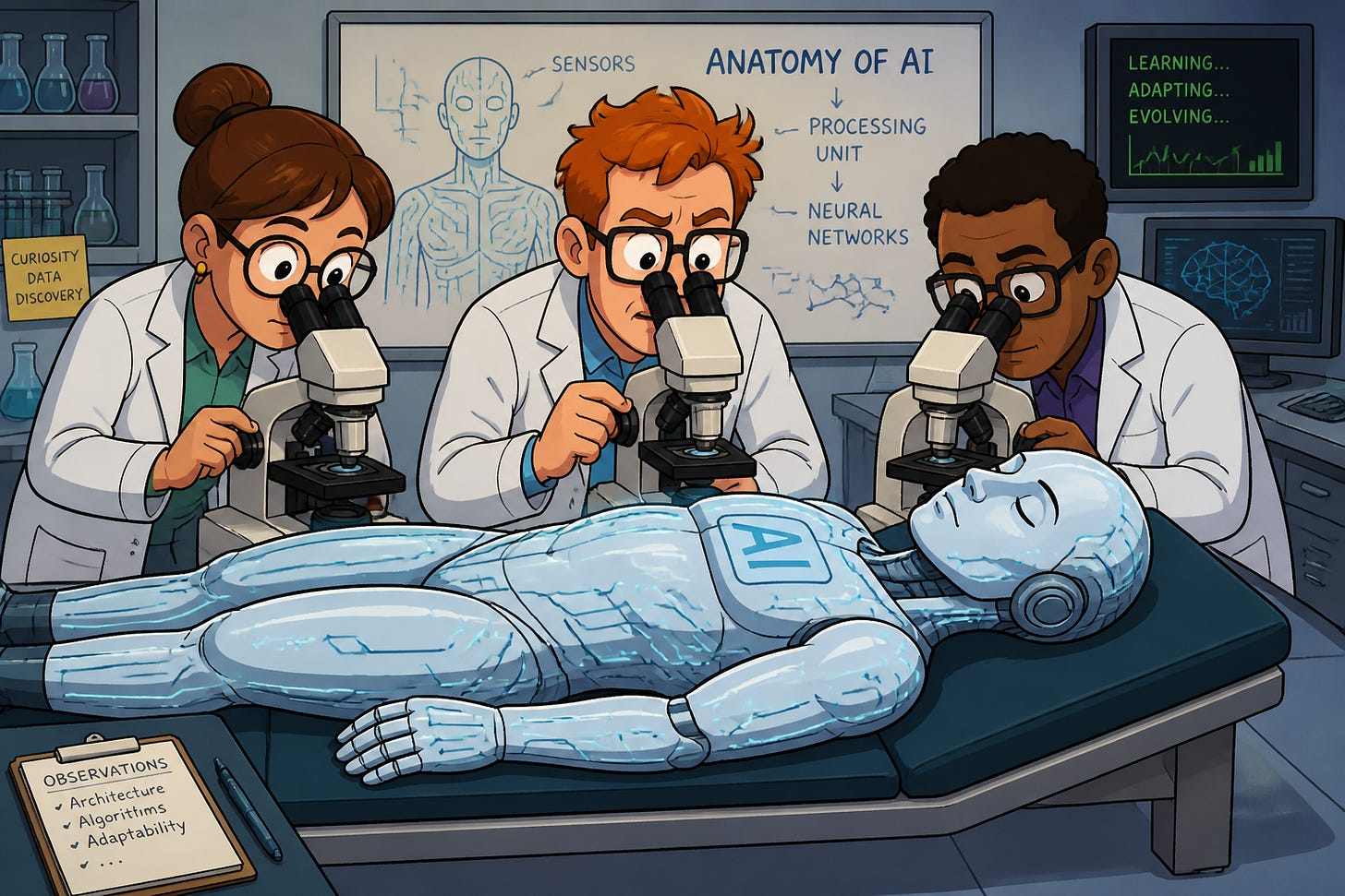 Color cartoon of three scientists with microscopes examining an AI bot laid out on a lab table