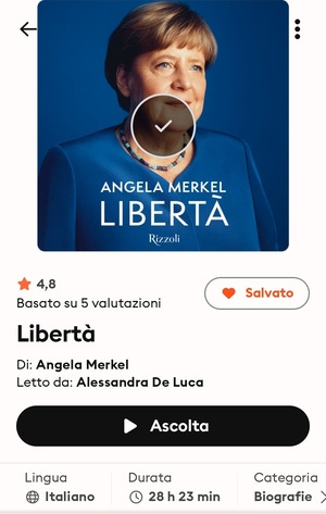 Screenshot della app dove ascolto gli audiolibri con l’immagine di copertina di “Libertà” di Angela Merkel con Beate Baumann.