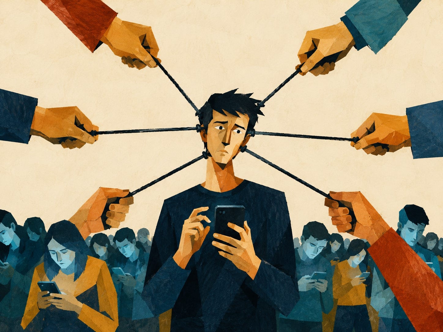 Illustration of a worried man looking at his phone while cords pull his head in six directions, with a crowd of people behind him staring at their phones. Illustration of a worried man looking at his phone while cords pull his head in six directions, with a crowd of people behind him staring at their phones.