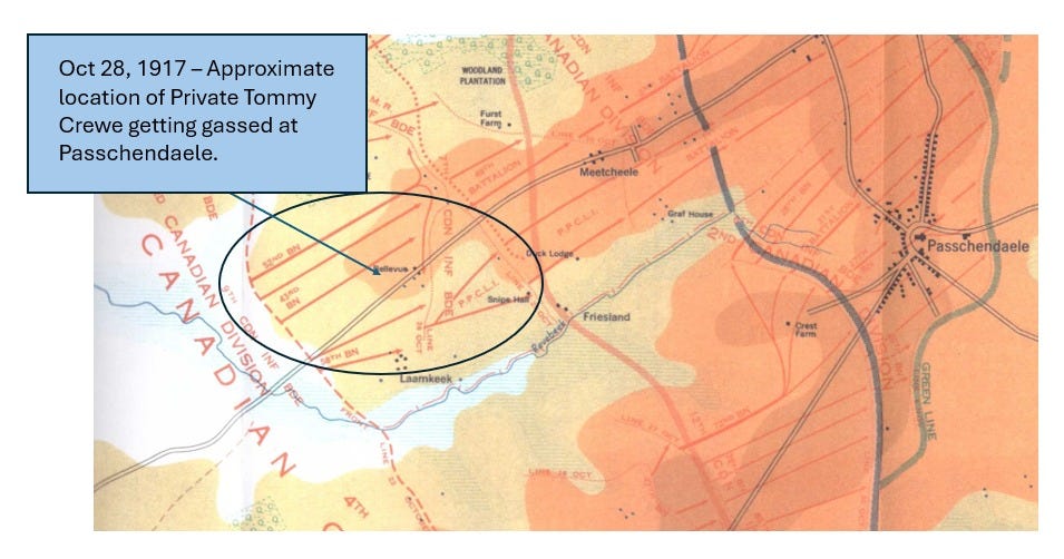 May be a graphic of map and text that says 'Oct28 Oct 28, 1917 17-Approximate location of Private Tommy Crewe getting gassed at Passchendaele. WOODLA PLANTATION ANADIAN CON Furst am ATTALION Meetcheele PPCLL Lodge INI House 2ND က်် CANADIAN pTH 52ND ON N TN A DIVISIO INF D Seipe S8TH BN Friesiand Passche Passchendaele Laamkeek Crest CreSA ( A N GREEN LINE' May be a graphic of map and text that says 'Oct28 Oct 28, 1917 17-Approximate location of Private Tommy Crewe getting gassed at Passchendaele. WOODLA PLANTATION ANADIAN CON Furst am ATTALION Meetcheele PPCLL Lodge INI House 2ND က်် CANADIAN pTH 52ND ON N TN A DIVISIO INF D Seipe S8TH BN Friesiand Passche Passchendaele Laamkeek Crest CreSA ( A N GREEN LINE'