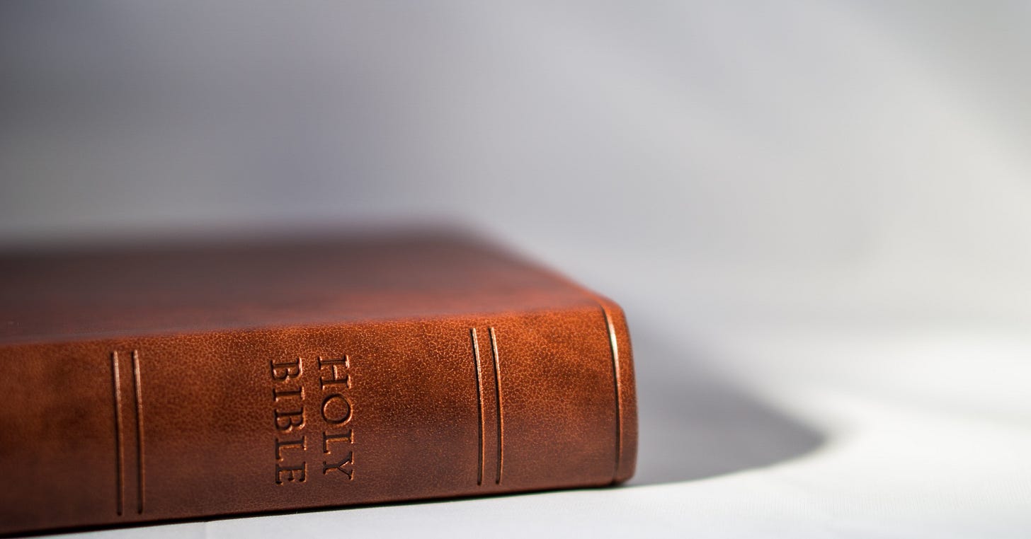 A brown leather bible on a white, shadowy background.