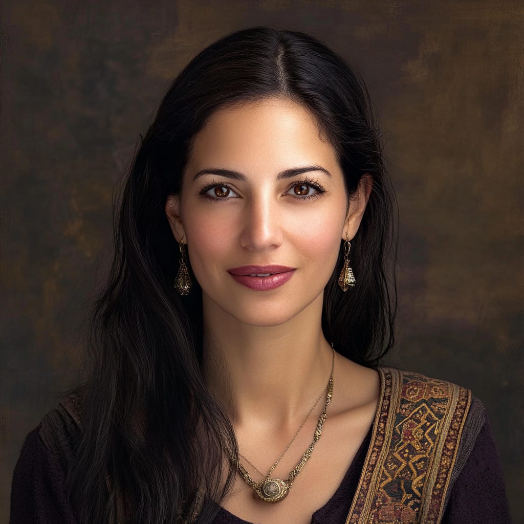 A reimagined portrait of Liat Portal as an extraordinary Israeli woman in her 40s, styled with traditional Moroccan-inspired details, including intricate jewelry and a richly patterned garment. Created for The Liat Show, reflecting the essence of her heritage and artistic vision.