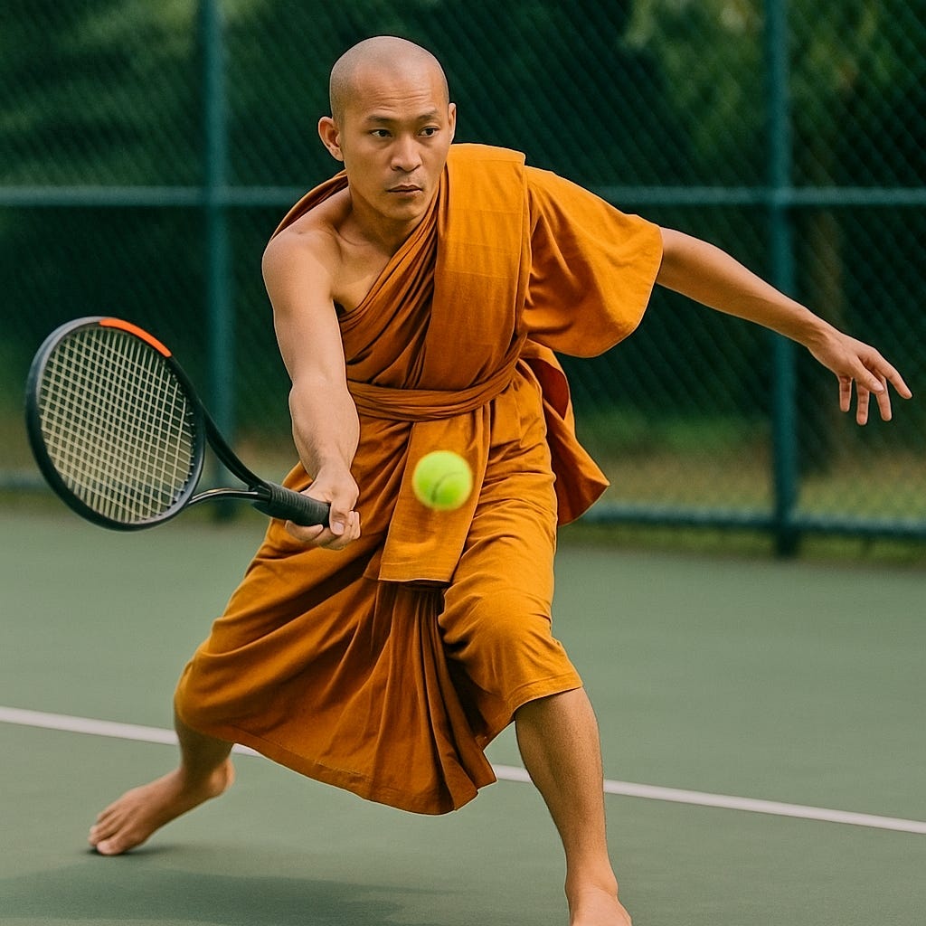 Image of a man in Buddhist robes playing tennis