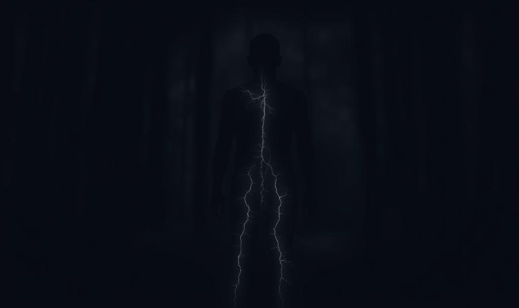 A dark silhouette of a human figure stands in shadowy surroundings, almost fully obscured by darkness. A single bolt of lightning cuts down the center of the body, illuminating a narrow path from head to toe. The image suggests inner turmoil, hidden trauma, or a powerful energy breaking through from within. The mood is intense, mysterious, and symbolic of transformation. A dark silhouette of a human figure stands in shadowy surroundings, almost fully obscured by darkness. A single bolt of lightning cuts down the center of the body, illuminating a narrow path from head to toe. The image suggests inner turmoil, hidden trauma, or a powerful energy breaking through from within. The mood is intense, mysterious, and symbolic of transformation.