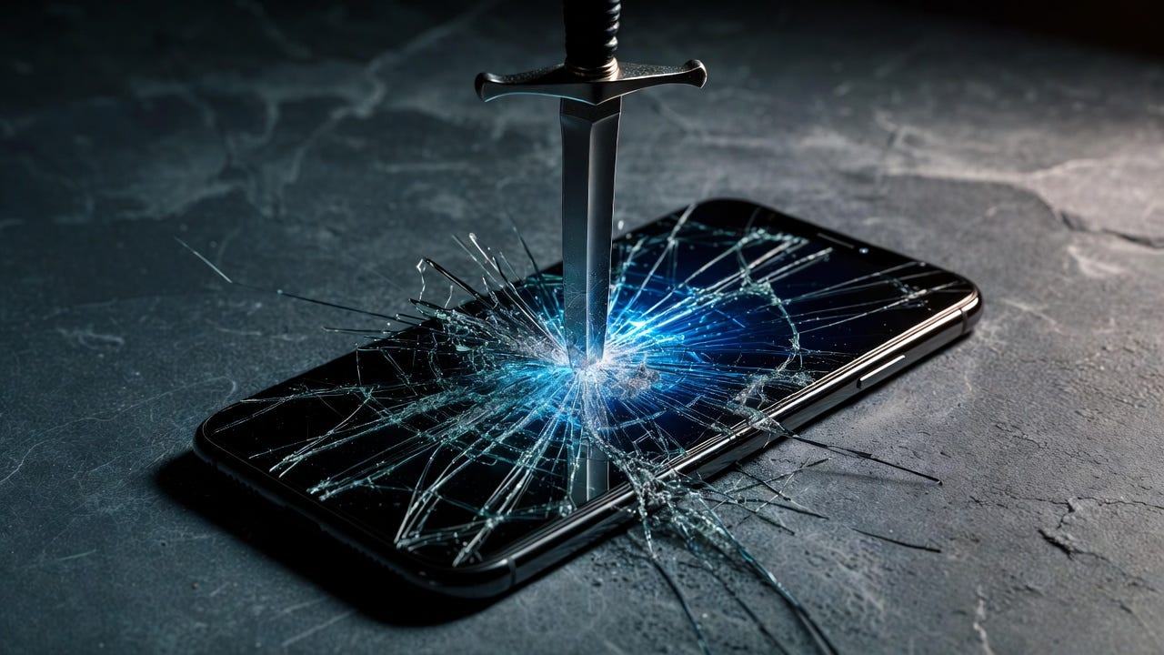 A medieval sword plunges through a shattered smartphone screen with blue light erupting from the impact point, representing the DarkSword iOS exploit chain silently compromising iPhones through a single website visit