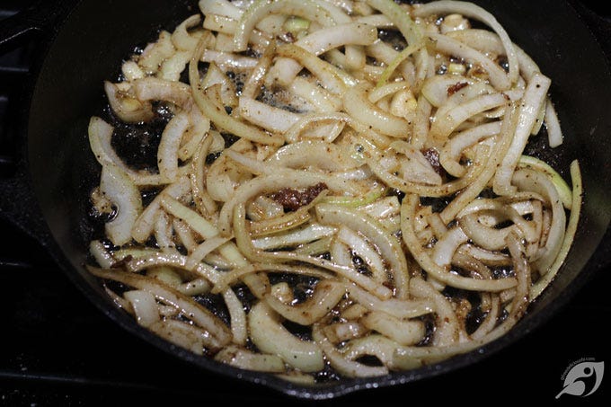 Using the same pot, reduce the heat to medium, then add 2 tablespoons of butter and the sliced onions to the dutch oven. Let the onions hang out for 2-3 minutes until they become translucent and begin to turn brown and caramelize. Using the same pot, reduce the heat to medium, then add 2 tablespoons of butter and the sliced onions to the dutch oven. Let the onions hang out for 2-3 minutes until they become translucent and begin to turn brown and caramelize.