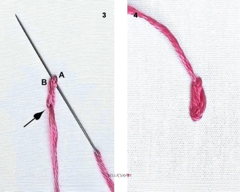 Step 3: An embroidery needle sliding under a small pink thread loop on a needle. Step 4: oyster stitch on white fabric with the working thread extending upwards.