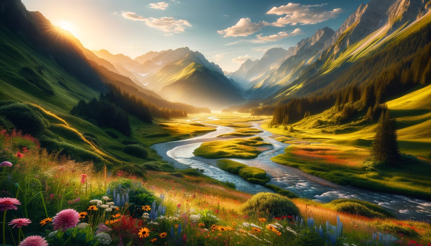 A stunning mountain landscape with a river flowing through the valley. The river sparkles in the sunlight as it winds its way through lush green meadows filled with colorful wildflowers. The mountains rise majestically in the background, their peaks illuminated by the golden light of the sun. The sky is clear blue with a few fluffy clouds, creating a serene and tranquil scene. The entire landscape is vibrant and full of life.