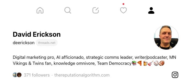 Screenshot of David Erickson's Threads biography updated