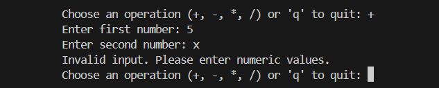 Screenshot showing a calculator program where the user enters “x” as the second number, and the program responds with “Invalid input. Please enter numeric values,” then asks again for an operation.