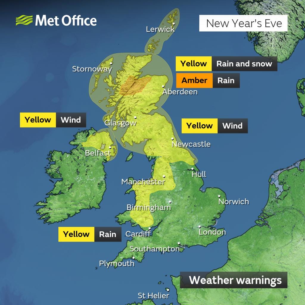 A map of the UK showing weather warnings across northern and western areas of the UK on Tuesday. 