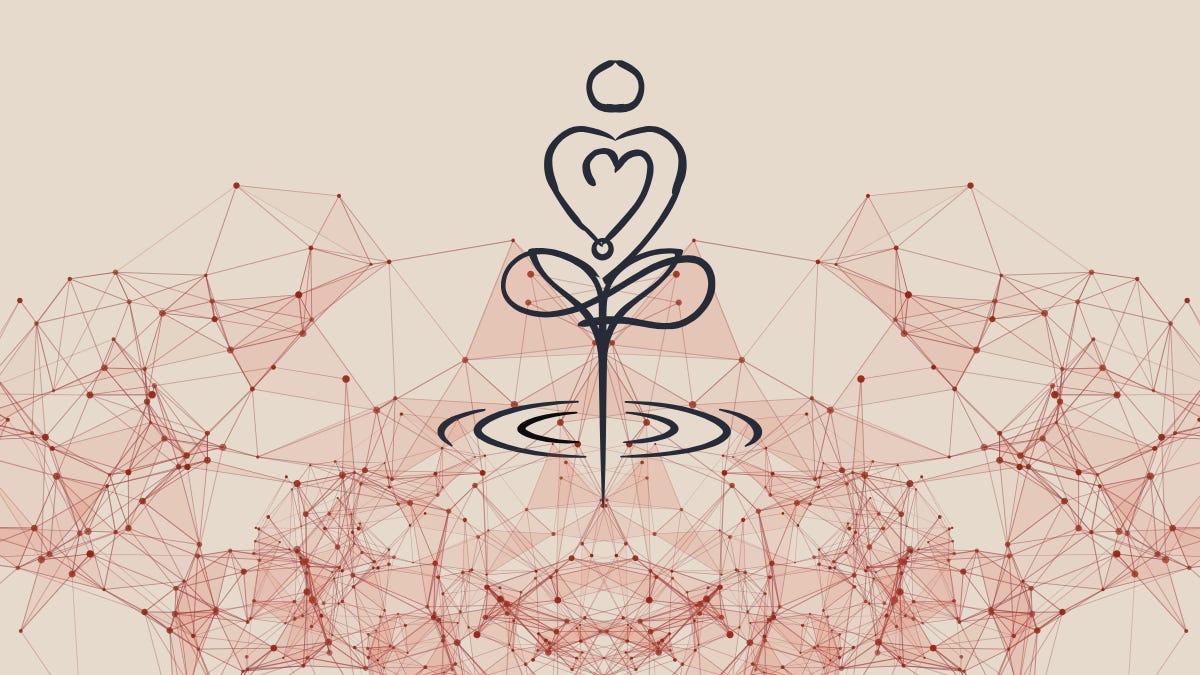Minimalist line-art figure in a heart-shaped meditative pose sprouting from water ripples on a beige background, set above a complex network of interconnected red geometric lines. Minimalist line-art figure in a heart-shaped meditative pose sprouting from water ripples on a beige background, set above a complex network of interconnected red geometric lines.