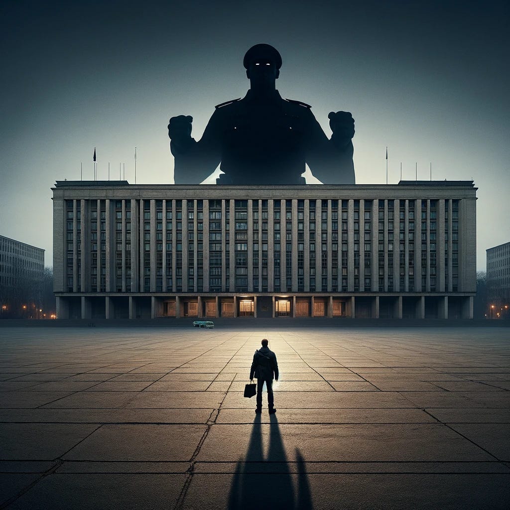 A powerful and symbolic image titled 'Courage in the Face of State Power'. In the center, a solitary figure stands defiantly, small in size but resolute in posture, facing a massive, shadowy representation of state power, symbolized by a large, imposing government building looming in the background. The scene is set in an open, public square, emphasizing the stark contrast between the individual and the state. The atmosphere is tense and dramatic, with a focus on the themes of bravery, defiance, and the individual versus the collective. The time of day is dusk, adding a dramatic and somewhat ominous lighting to the scene.