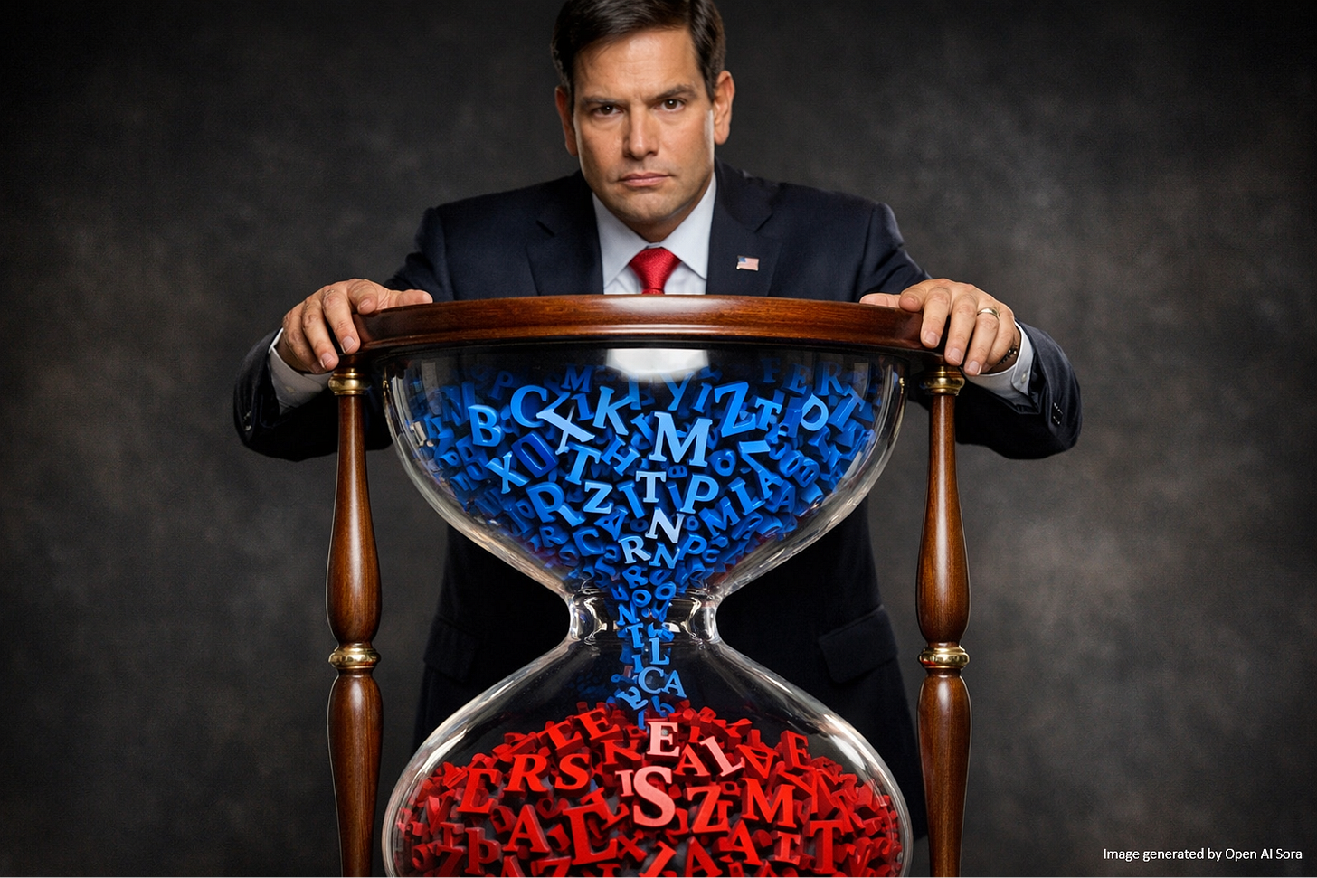 Picture of Secretary of State Marco Rubio standing behind a large  hourglass, which is filled with letters instead of sand. The letters in the upper chamber are blue and in Calibri font. Those in the lower chamber are red and in Times New Roman.