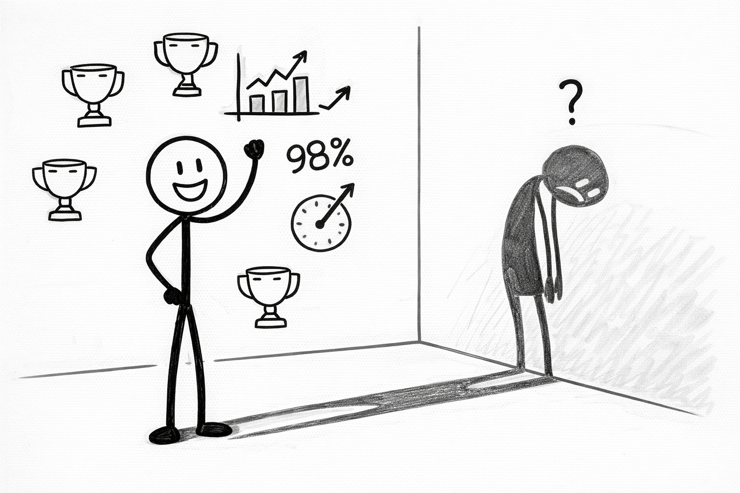 Minimal whiteboard drawing of a stick figure surrounded by trophies and efficiency metrics while its shadow appears slumped and confused, representing emotional disconnect and identity loss despite AI-driven productivity success.