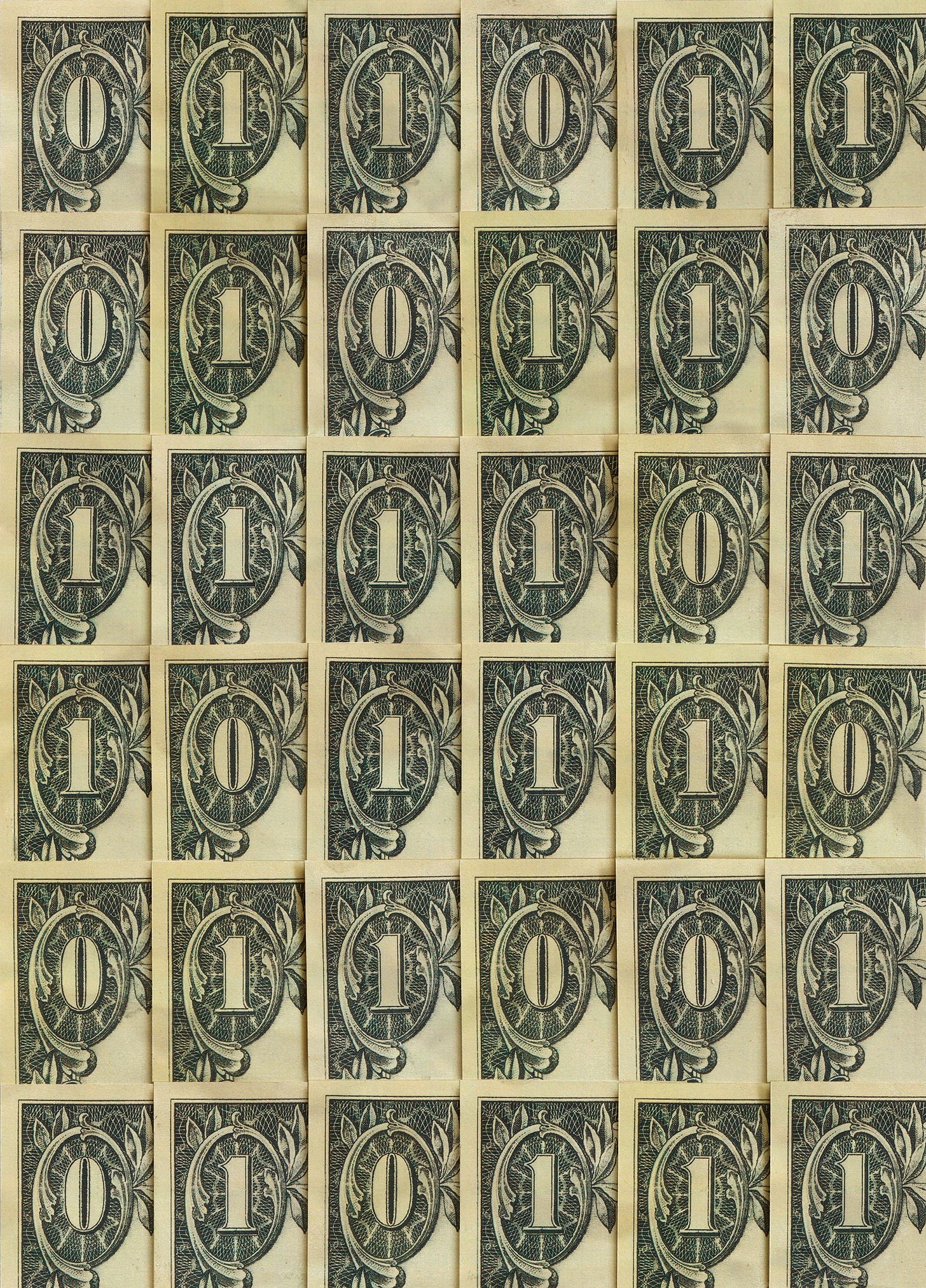 The corner of dollar bills laid out in a grid representing binary code.