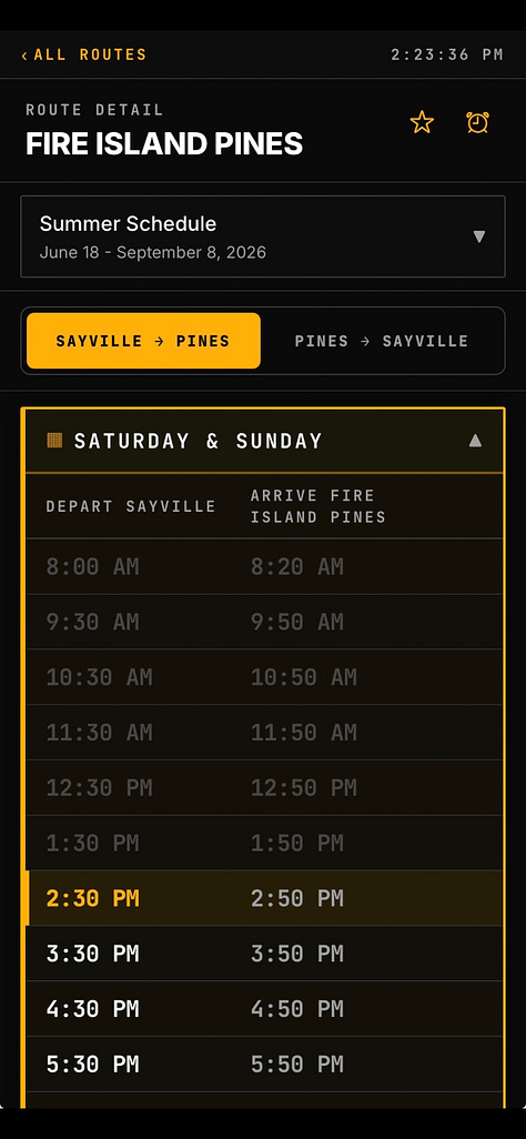 Screenshots of Boatload, a dark-mode app with gold accents. The home screen shows the next departures to Fire Island Pines and Cherry Grove with a countdown. Other screens show schedules by day and season, a Labor Day schedule-change alert, ferry reminders, and the app menu.