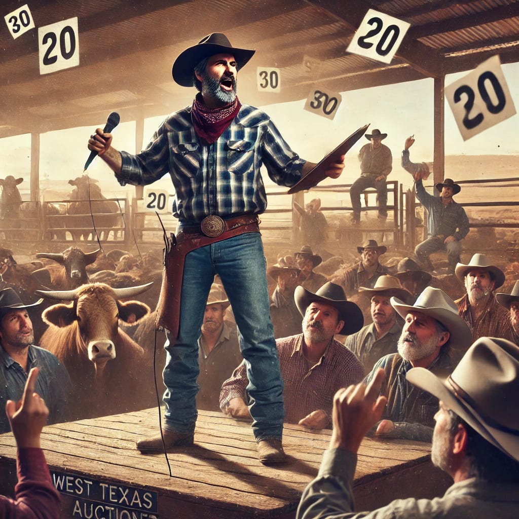 An image of a West Texas cattle auctioneer in a lively auction setting. The auctioneer, a rugged middle-aged man wearing a cowboy hat and a checkered shirt, stands at a wooden podium with a microphone, energetically calling out bids. Around him, a crowd of bidders, some in cowboy hats and others in casual attire, are raising their hands or nodding to place their bids. The background shows a dusty cattle yard with cows in pens. The atmosphere is intense, with numbers flying in the air to represent the bids coming in rapidly.