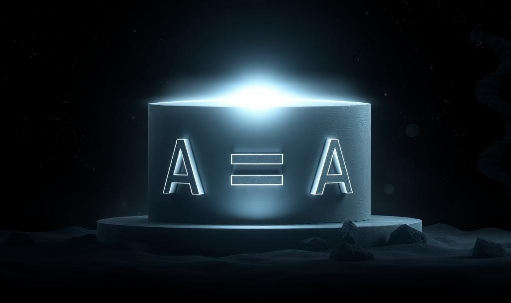 Glowing cornerstone marked ‘A=A’ over a gray DNA helix, symbolizing the absolute primacy of existence as the foundation for reason and knowledge.