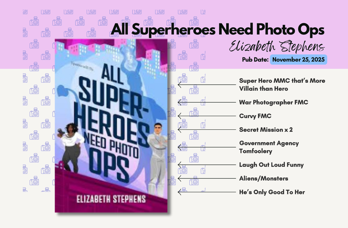 Book tropes and themes for All Superheroes Need Photo Ops by Elizabeth Stephens.” Tropes are identified as Super Hero MMC that’s More Villain than Hero, War Photographer FMC, Curvy FMC, Secret Mission x 2, Government Agency Tomfoolery, Laugh Out Loud Funny, Aliens/Monsters, He’s Only Good To Her.