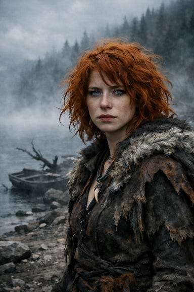 Bianca on the misty shores of Lake Baratok, copper-bright hair, blue-gray eyes, feral yet vulnerable presence, Barovian Gothic atmosphere
